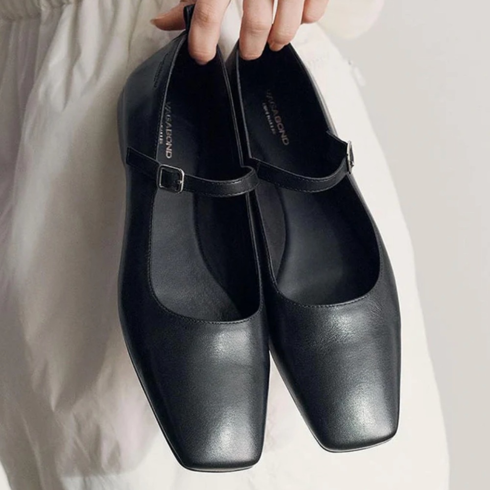 Vagabond Delia Ballet Mary Jane Flats Black Leather Square Toe Sz 38